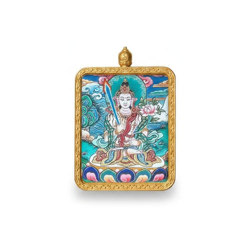 Hand-painted Tibetan miniature art pendant — Akasagarbha (No. 01) — centered studio view
