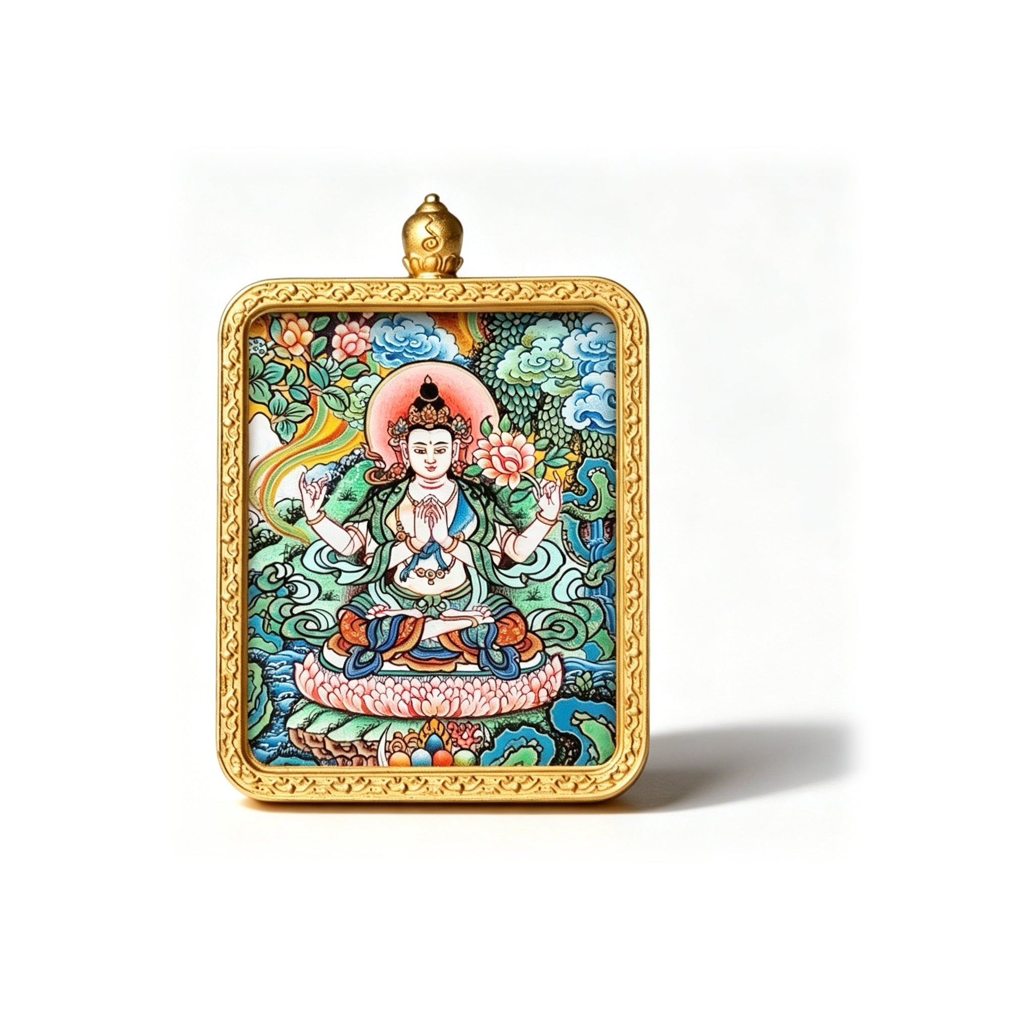 Hand-painted Tibetan miniature art pendant — Four-Armed Avalokiteshvara — centered studio view