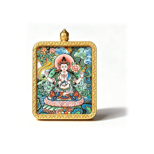 Hand-painted Tibetan miniature art pendant — Four-Armed Avalokiteshvara — centered studio view