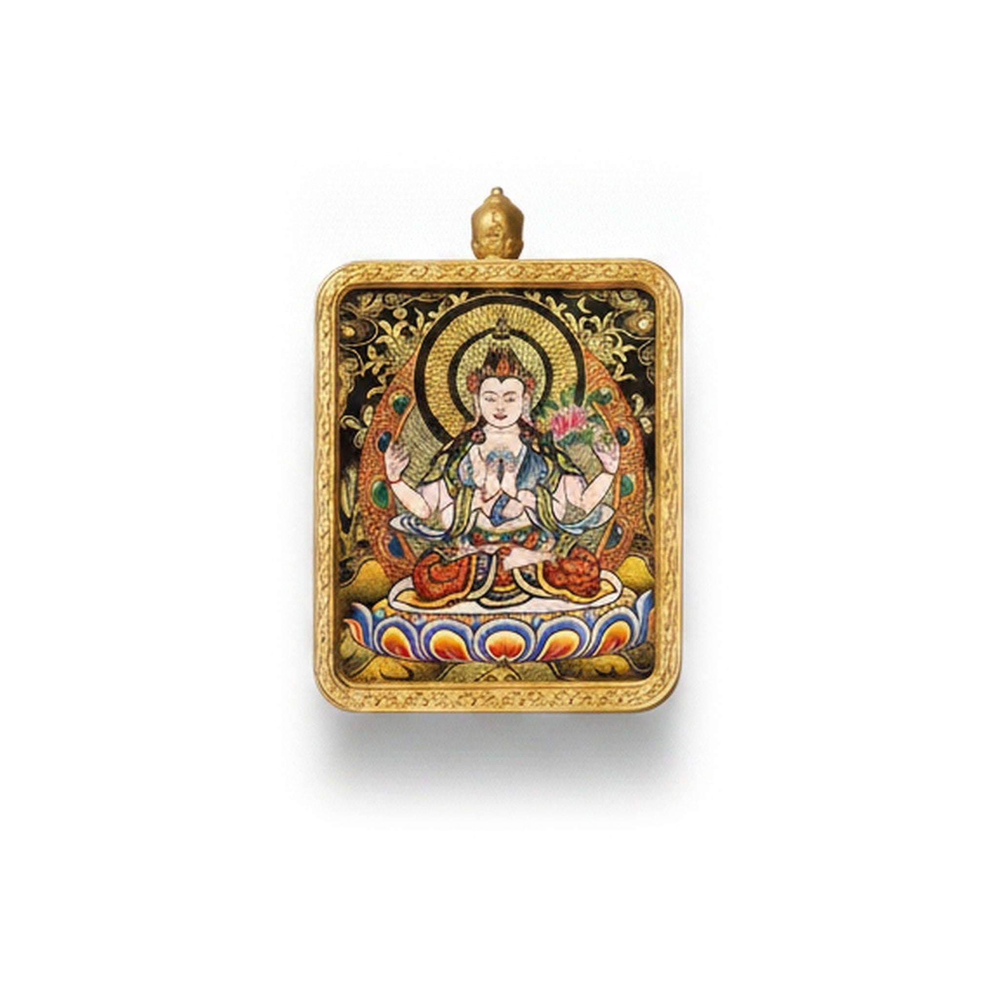Hand-painted Tibetan miniature art pendant — Four-Armed Avalokiteshvara (No. 02) — centered studio view