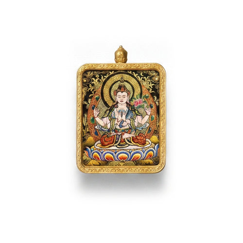 Hand-painted Tibetan miniature art pendant — Four-Armed Avalokiteshvara (No. 02) — centered studio view