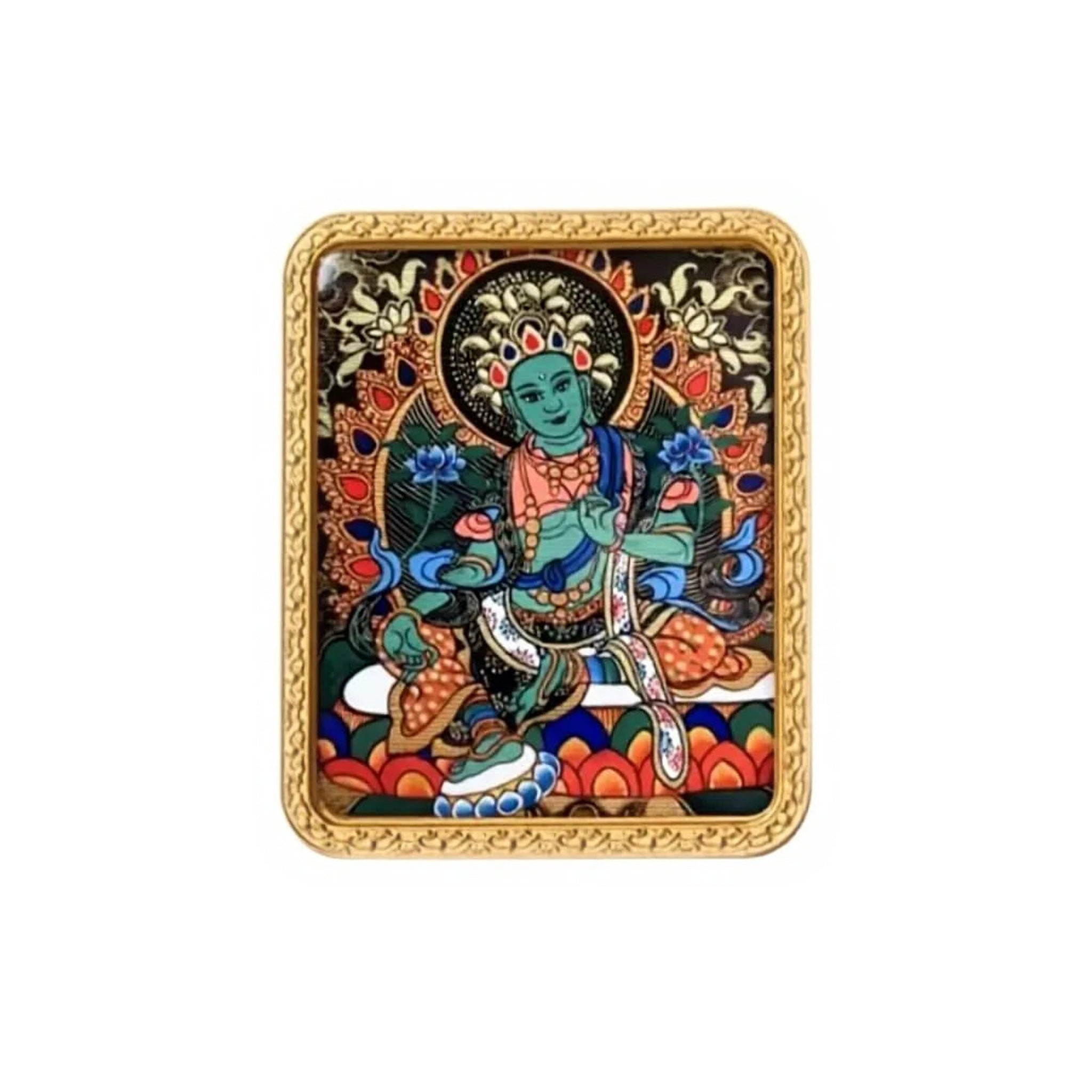 Hand-painted Green Tara miniature thangka pendant — centered studio view