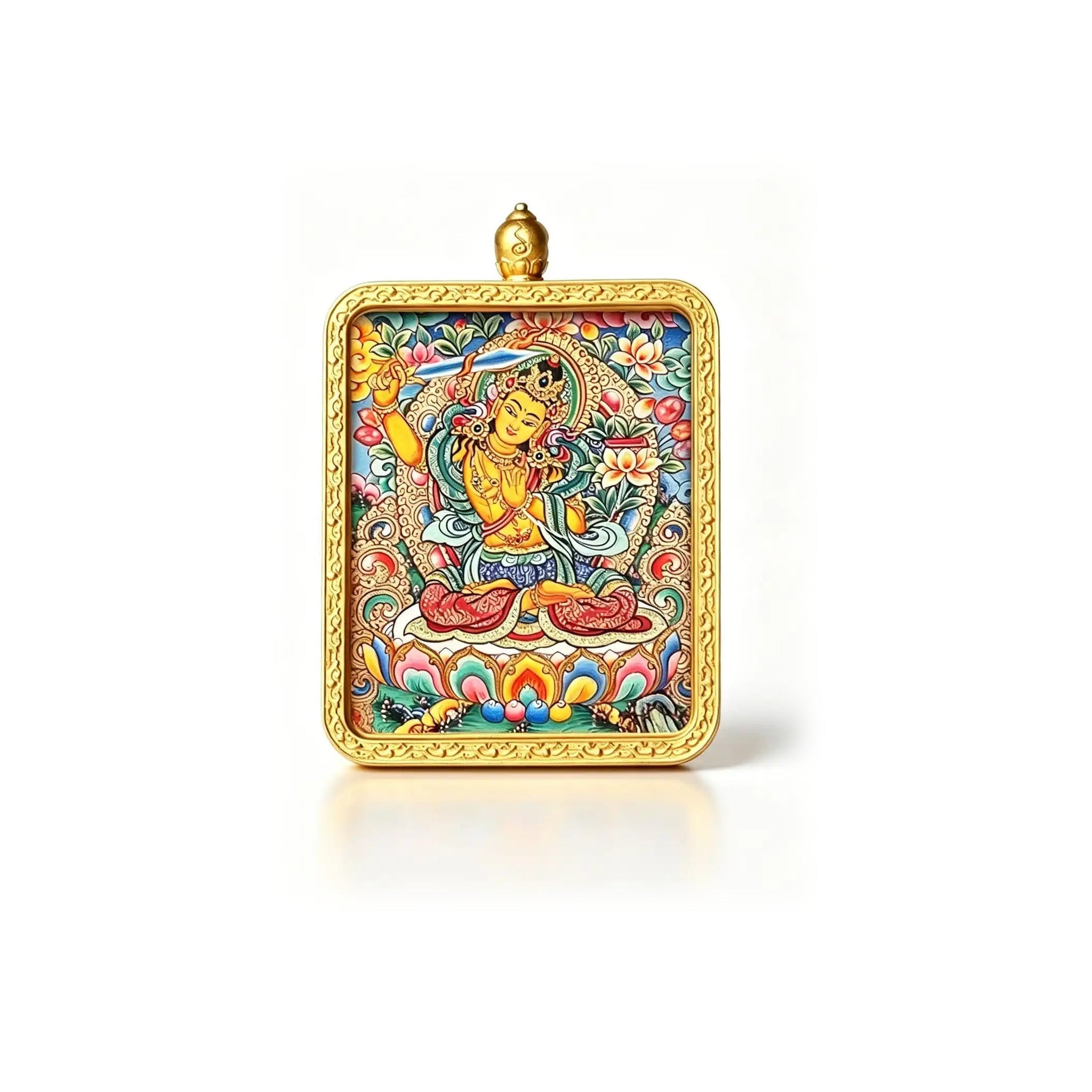 Hand-painted Manjushri miniature thangka pendant — centered studio view