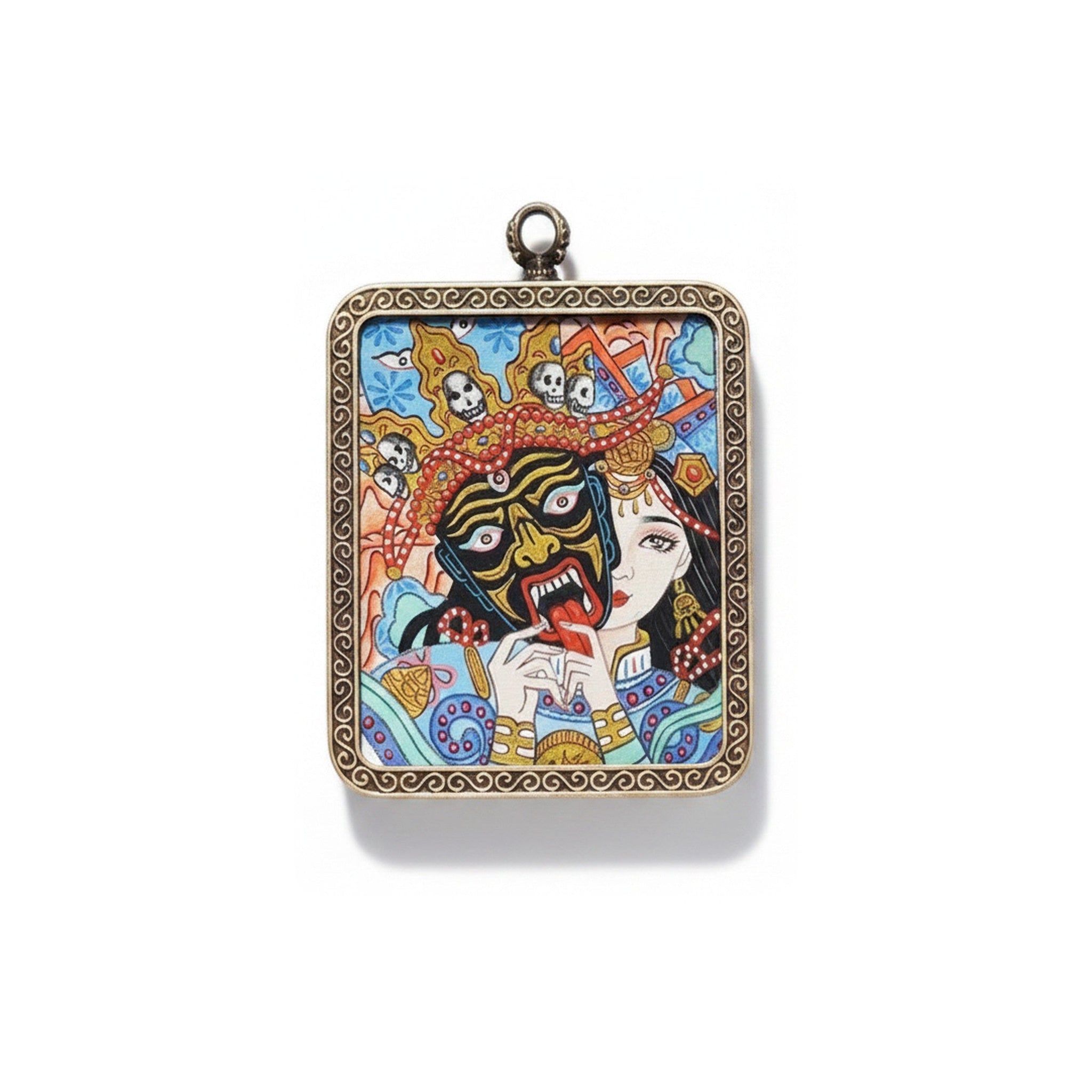 Hand-painted Tibetan miniature art pendant — Past & Future Lives (No. 02) — centered studio view