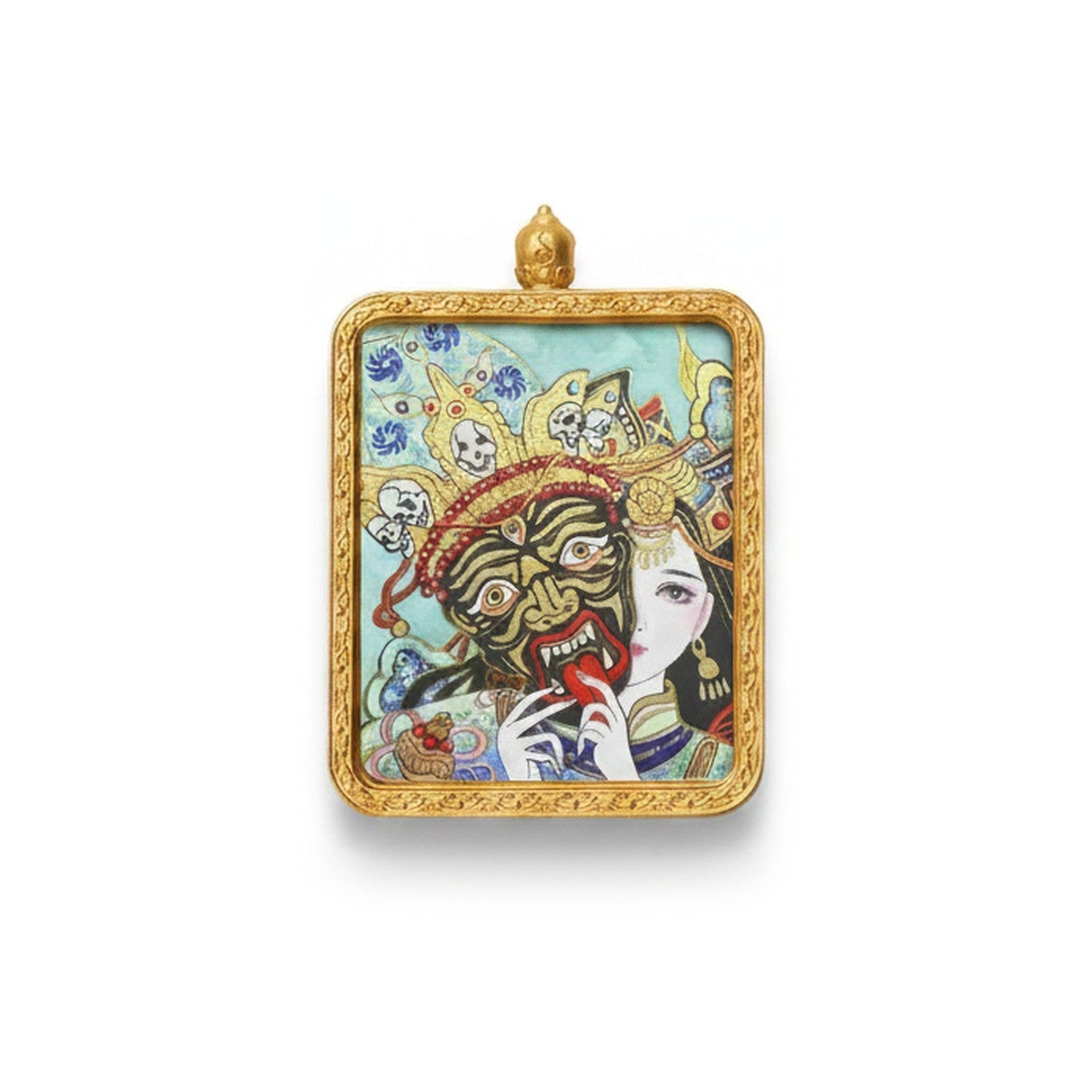 Hand-painted Tibetan miniature art pendant — Past & Future Lives (No. 07) — centered studio view