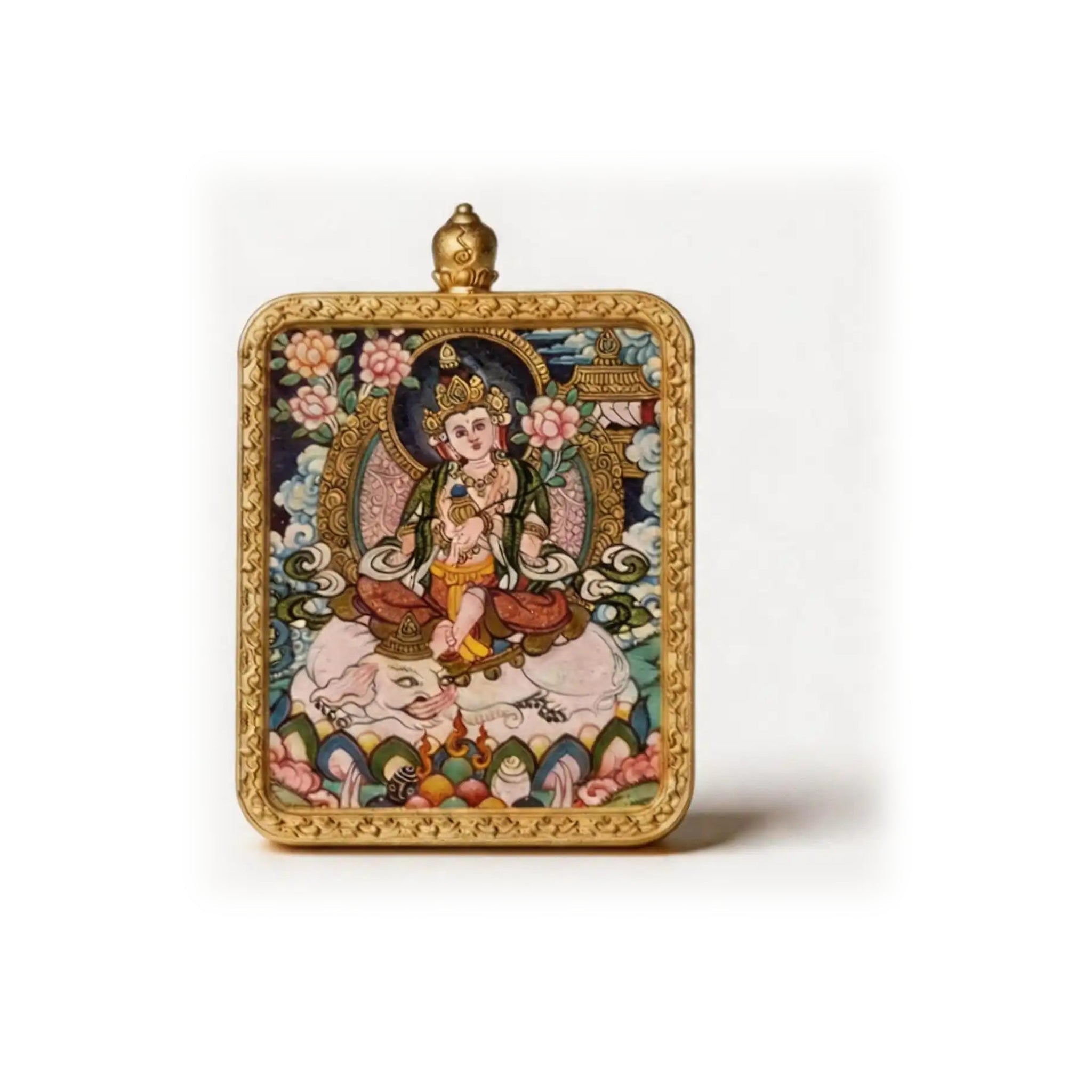 Hand-painted Samantabhadra miniature thangka pendant — centered studio view