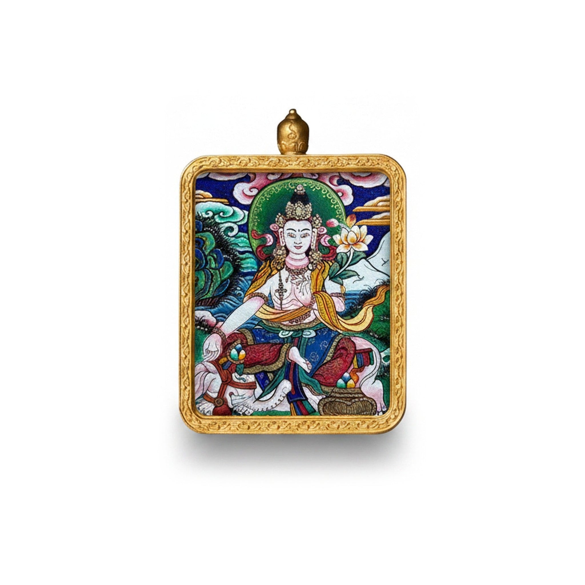 Hand-painted Tibetan miniature art pendant — Samantabhadra (No. 02) — centered studio view