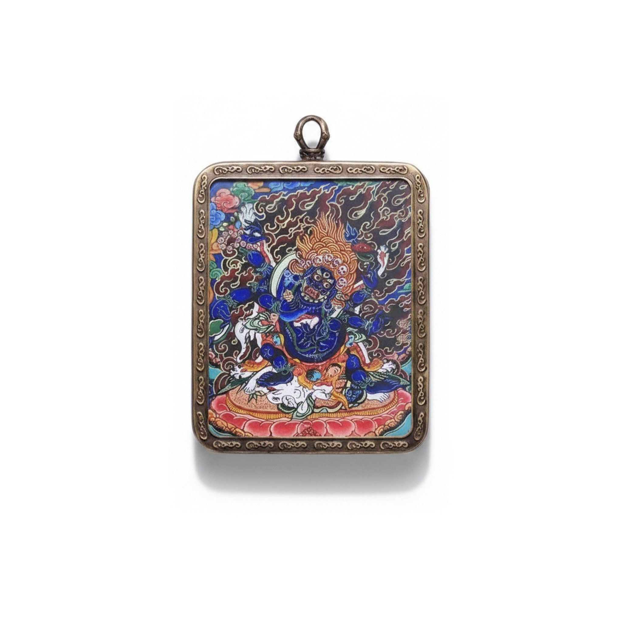 Hand-painted Tibetan miniature art pendant — Six-Armed Mahakala — centered studio view