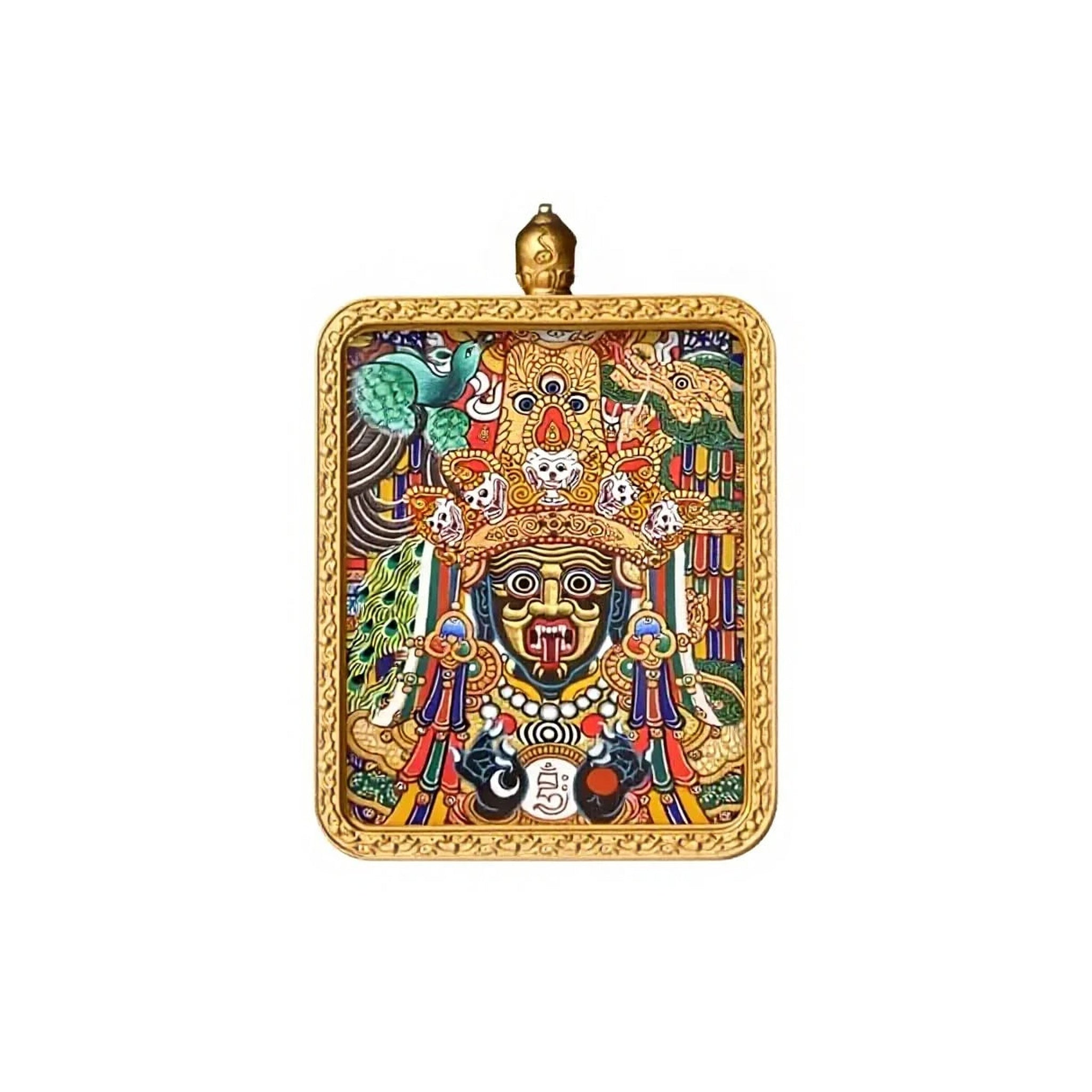 Hand-painted Tashi Lhamo miniature thangka pendant — centered studio view