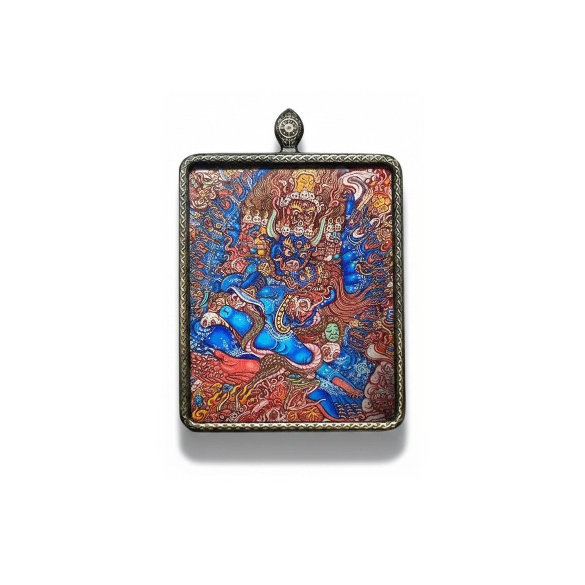 Hand-painted Tibetan miniature art pendant — Yamantaka — centered studio view