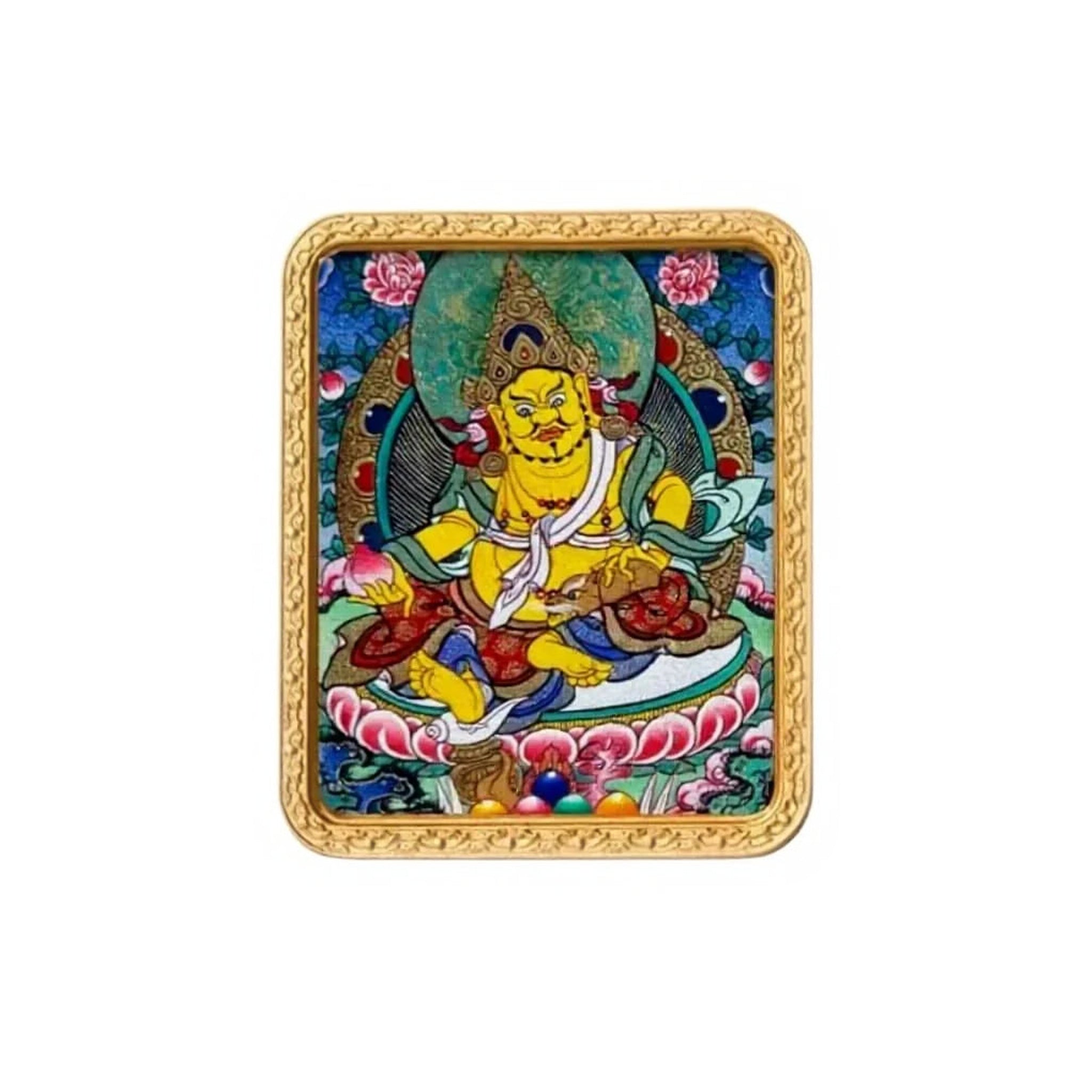 Hand-painted Yellow Jambhala miniature thangka pendant — centered studio view