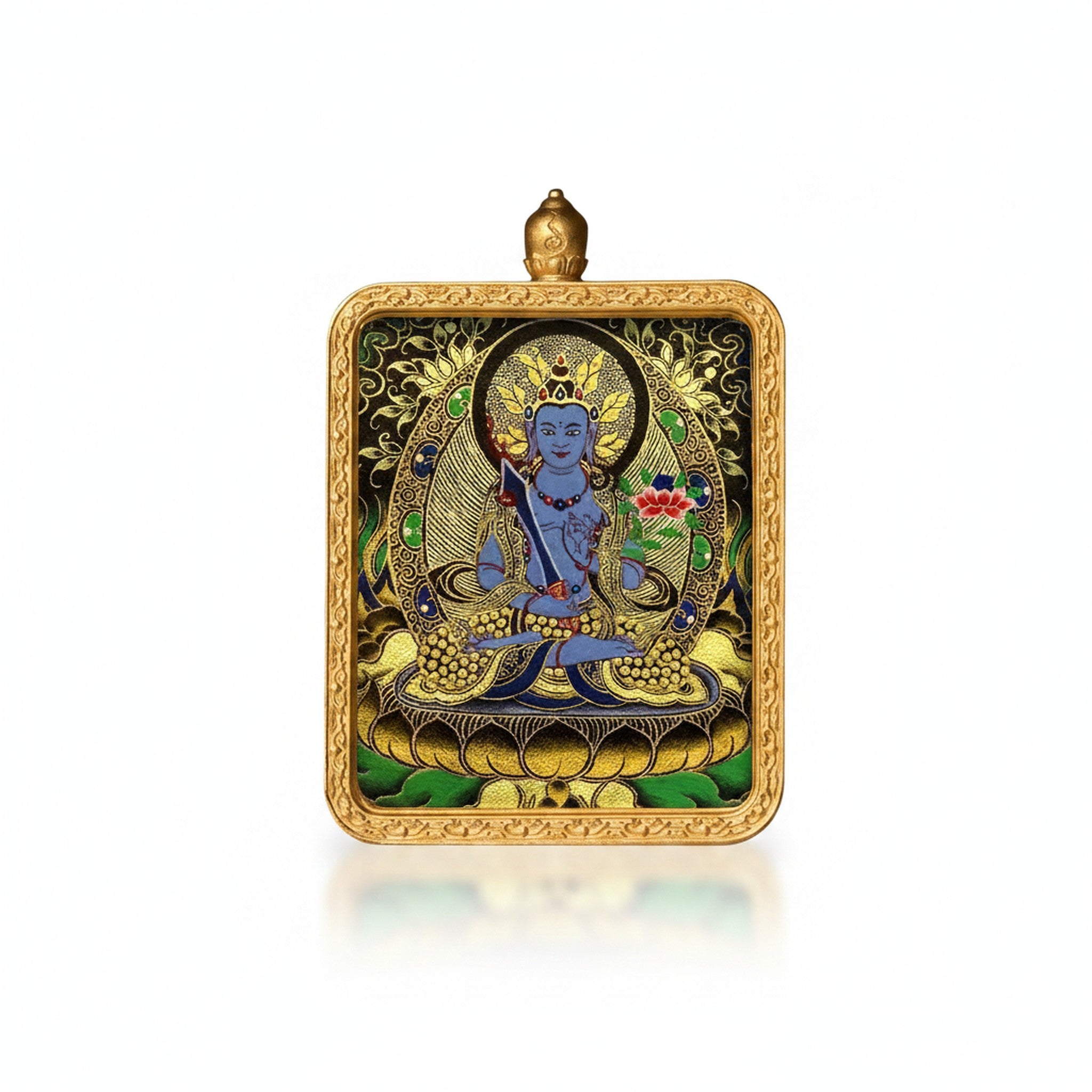 Hand-painted Tibetan miniature art pendant — Akasagarbha (No. 02) — studio view