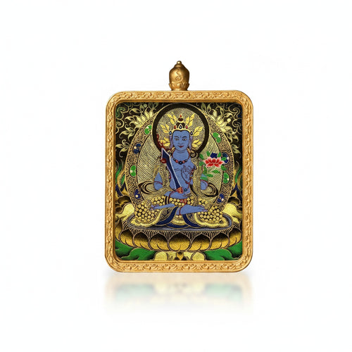 Hand-painted Tibetan miniature art pendant — Akasagarbha (No. 02) — studio view