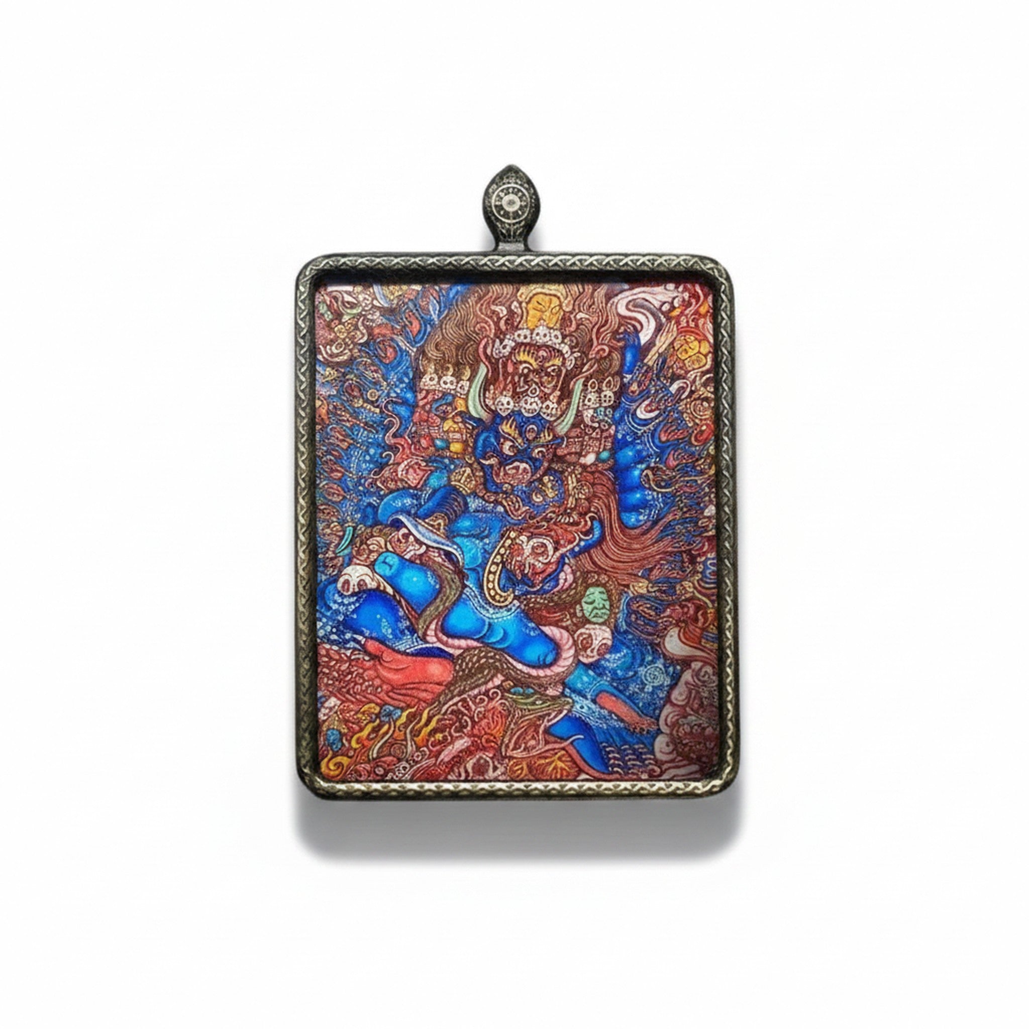 Hand-painted Tibetan miniature art pendant — Yamantaka — studio view