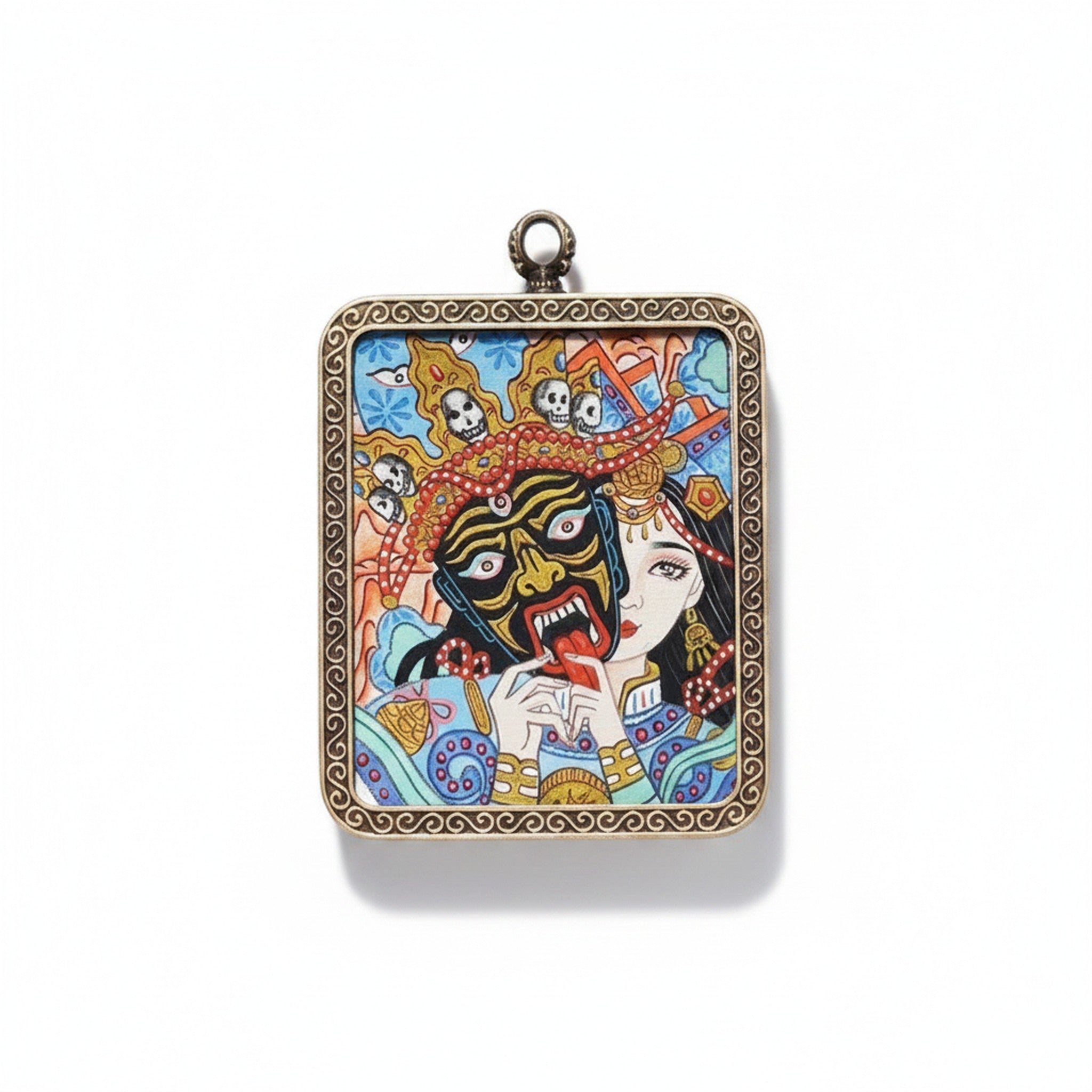Hand-painted Tibetan miniature art pendant — Past & Future Lives (No. 02) — studio view
