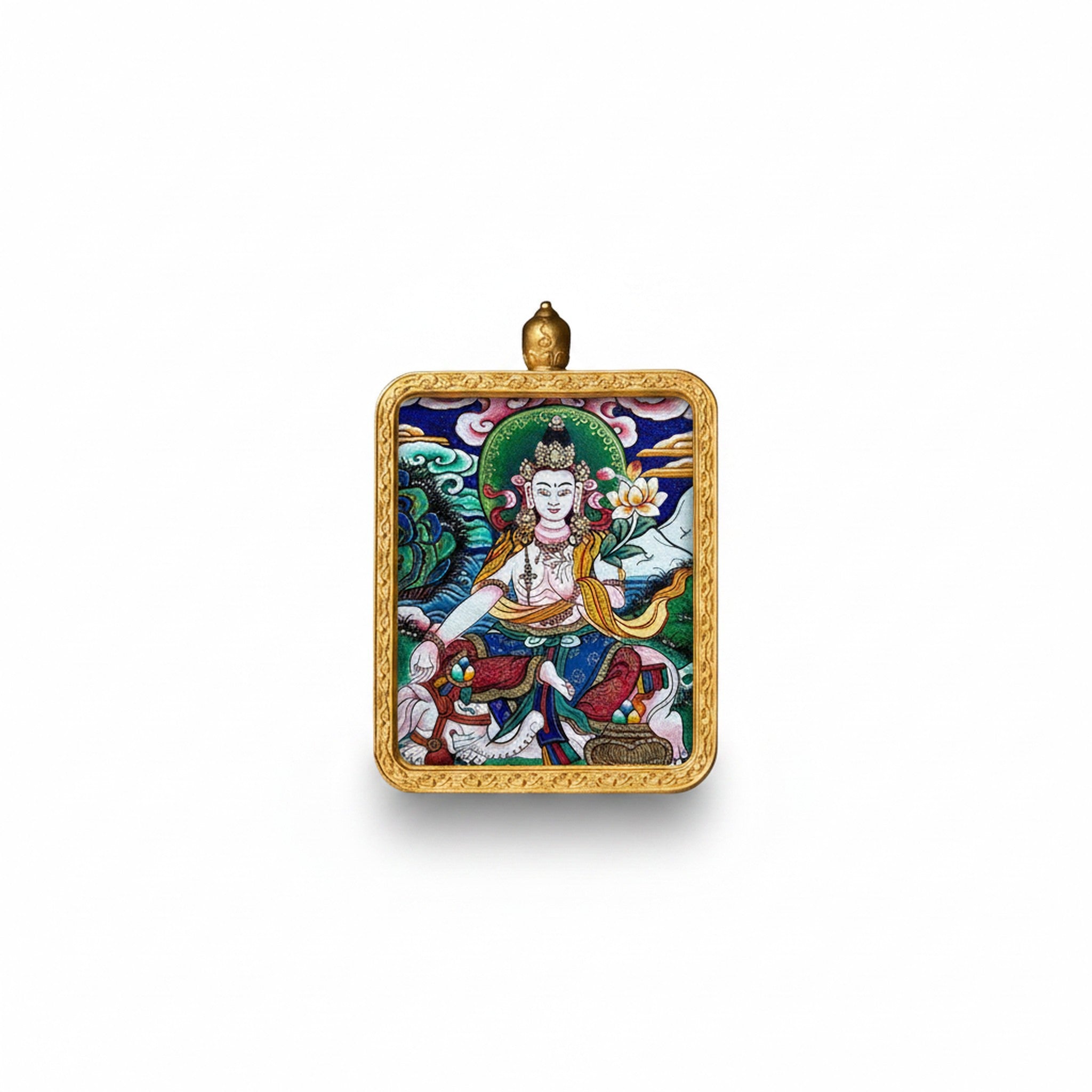 Hand-painted Tibetan miniature art pendant — Samantabhadra (No. 02) — studio view
