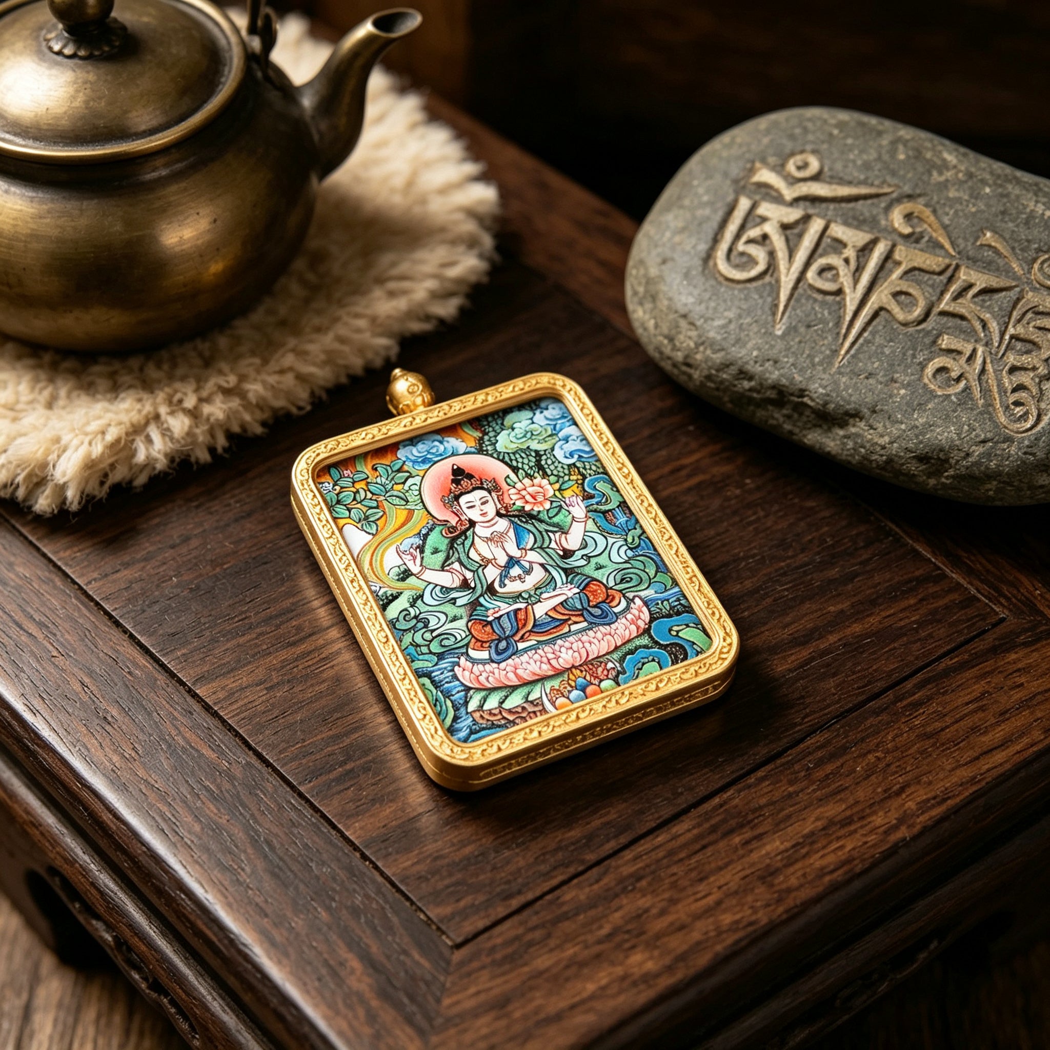 Hand-painted Tibetan miniature art pendant depicting Four-Armed Avalokiteshvara in a gold-tone frame — lifestyle view