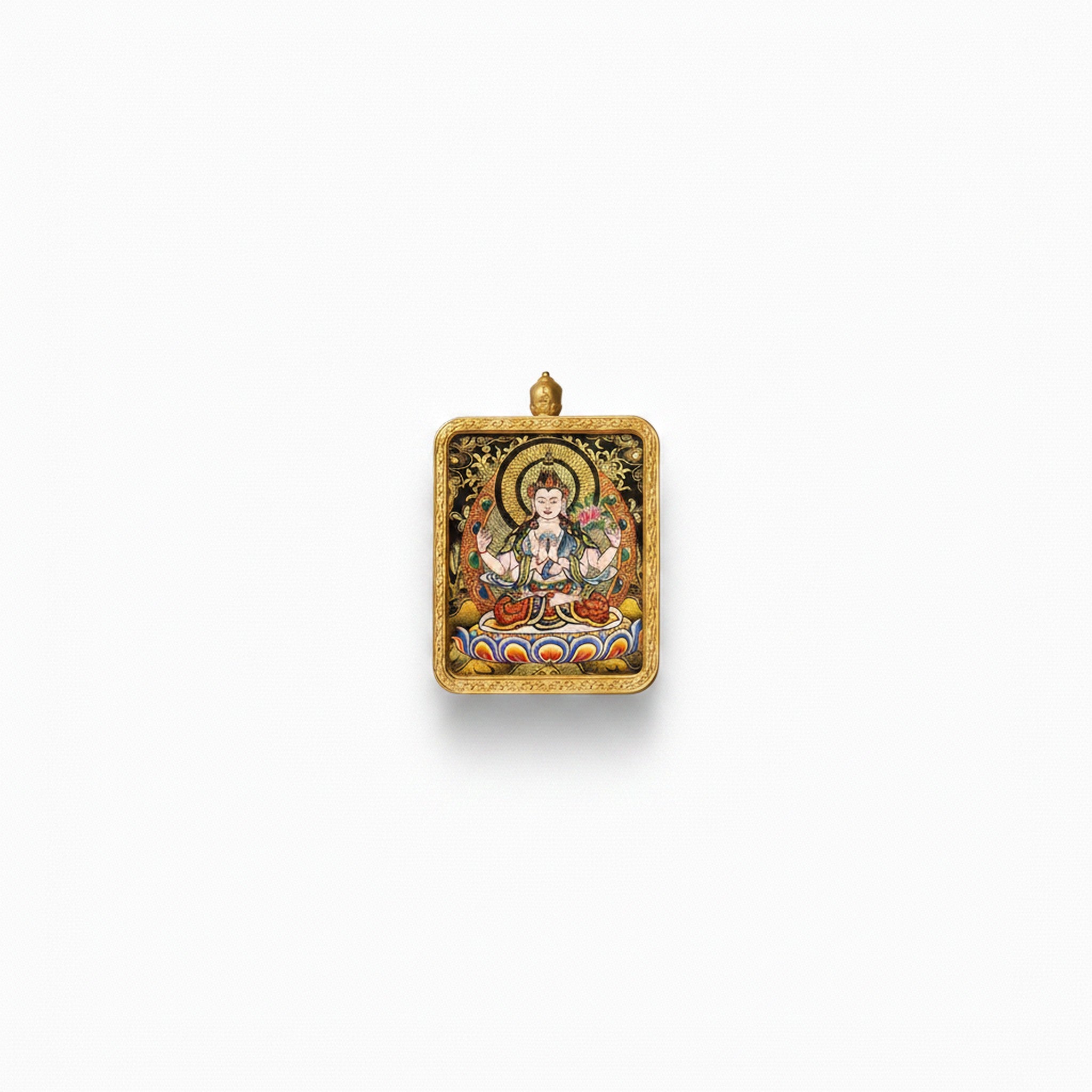 Hand-painted Tibetan miniature art pendant — Four-Armed Avalokiteshvara (No. 02) — studio view