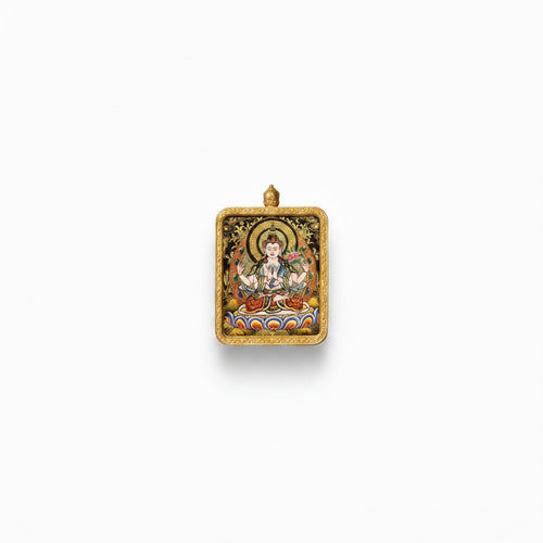 Hand-painted Tibetan miniature art pendant — Four-Armed Avalokiteshvara (No. 02) — studio view