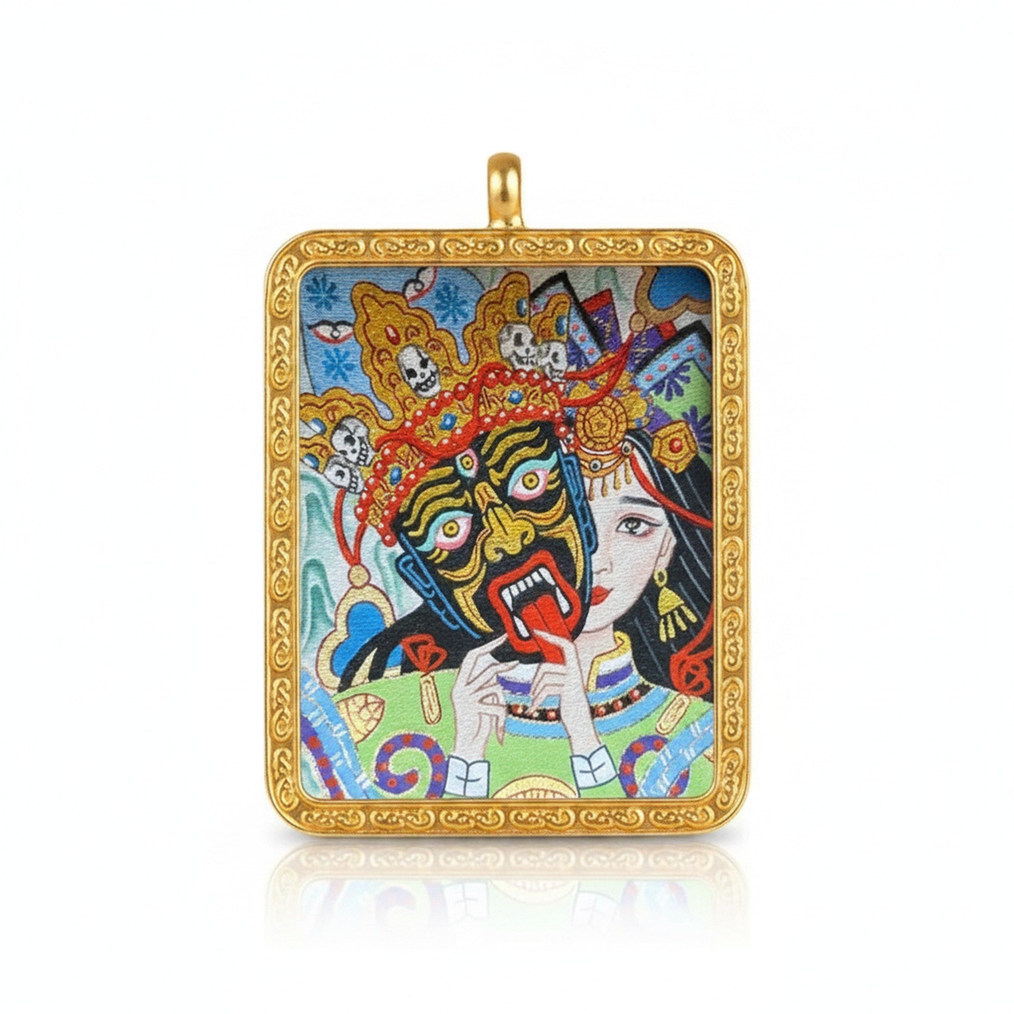 Hand-painted Tibetan miniature art pendant — Past & Future Lives (No. 06) — studio view