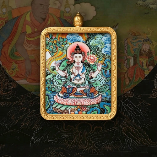 Hand-painted Tibetan miniature art pendant depicting Four-Armed Avalokiteshvara in a gold-tone frame — detail view