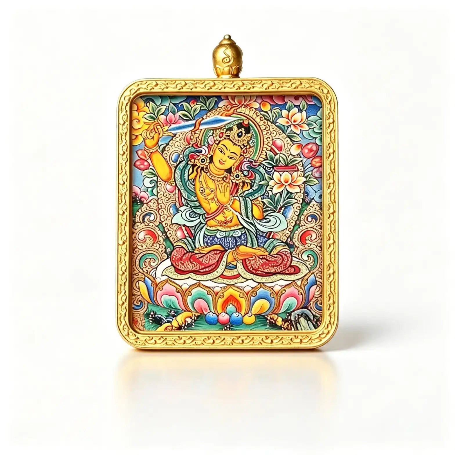Hand-painted Manjushri miniature thangka pendant in a gold frame, studio shot