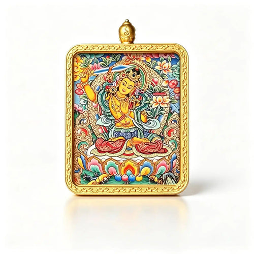 Hand-painted Manjushri miniature thangka pendant in a gold frame, studio shot