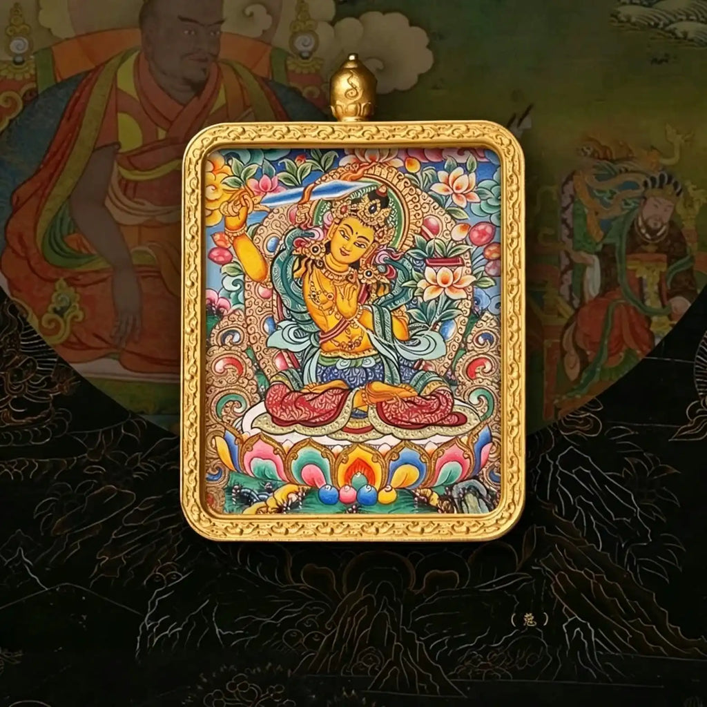 Hand-painted Manjushri miniature thangka pendant, front view