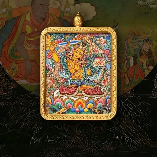 Hand-painted Manjushri miniature thangka pendant, front view
