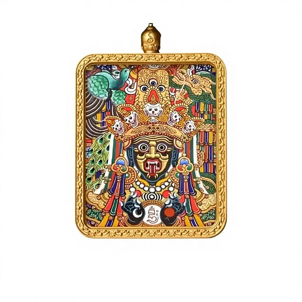 Hand-painted Tashi Lhamo miniature thangka pendant in a gold frame, studio shot