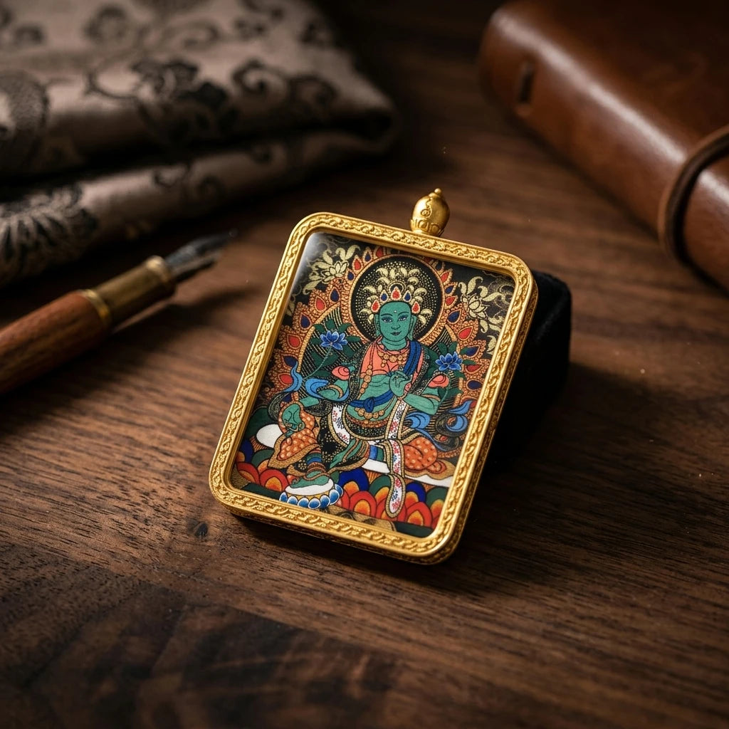 Hand-painted Green Tara miniature pendant displayed on a wooden surface