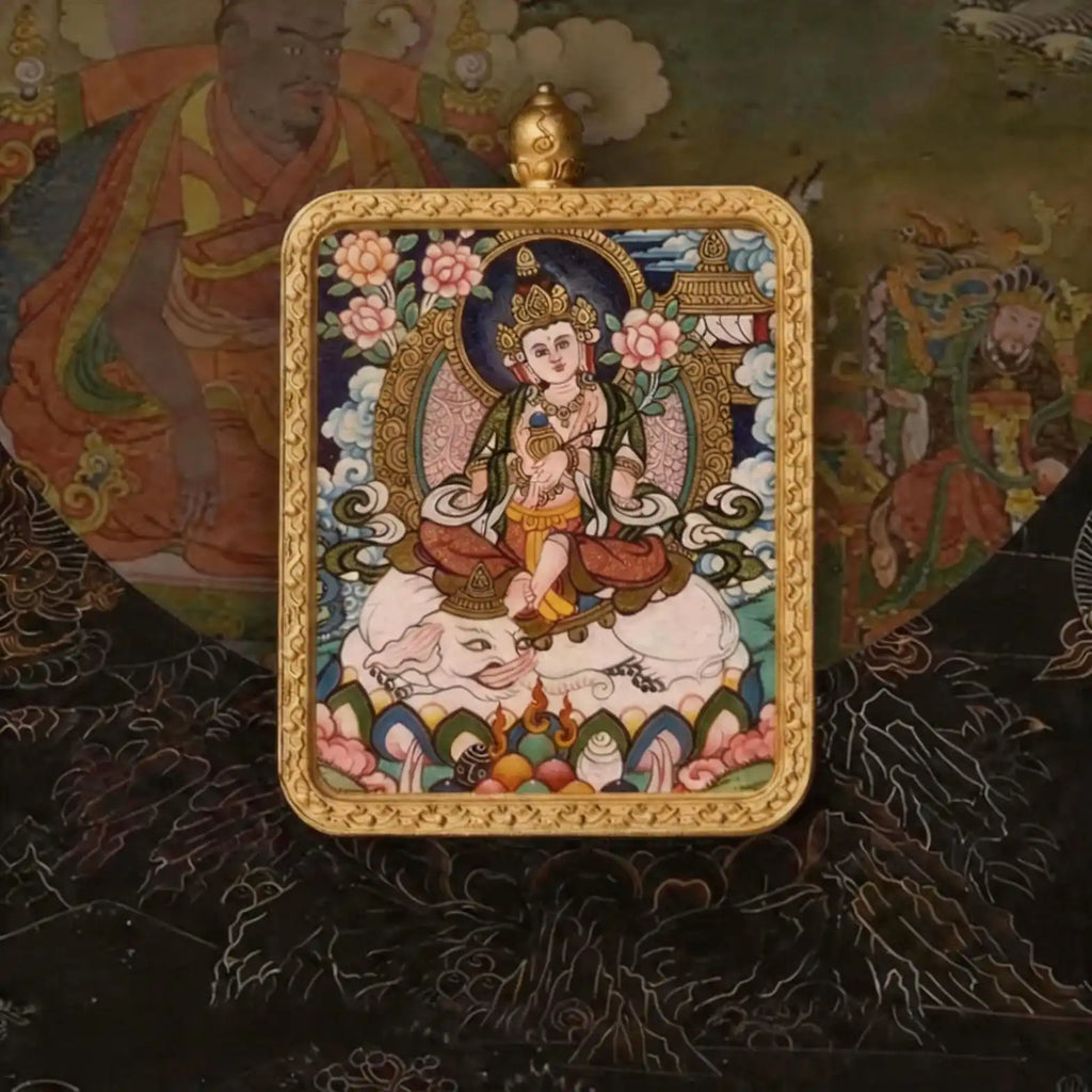 Hand-painted Samantabhadra miniature thangka pendant, front view