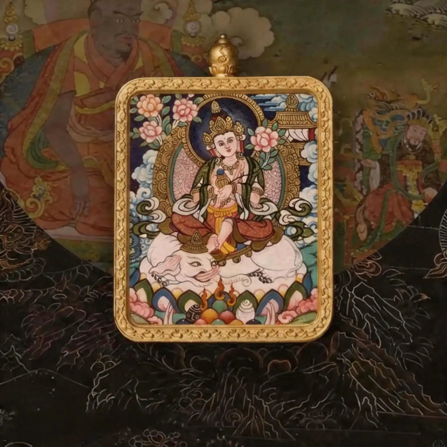 Hand-painted Samantabhadra miniature thangka pendant, front view