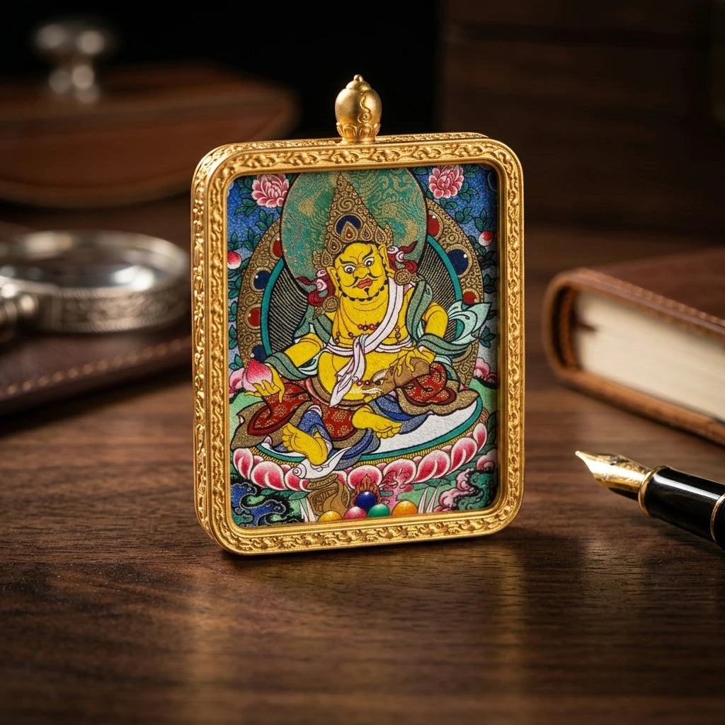Hand-painted Yellow Jambhala miniature pendant displayed on a wooden surface