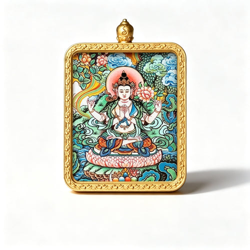 Hand-painted Tibetan miniature art pendant depicting Four-Armed Avalokiteshvara in a gold-tone frame — studio view