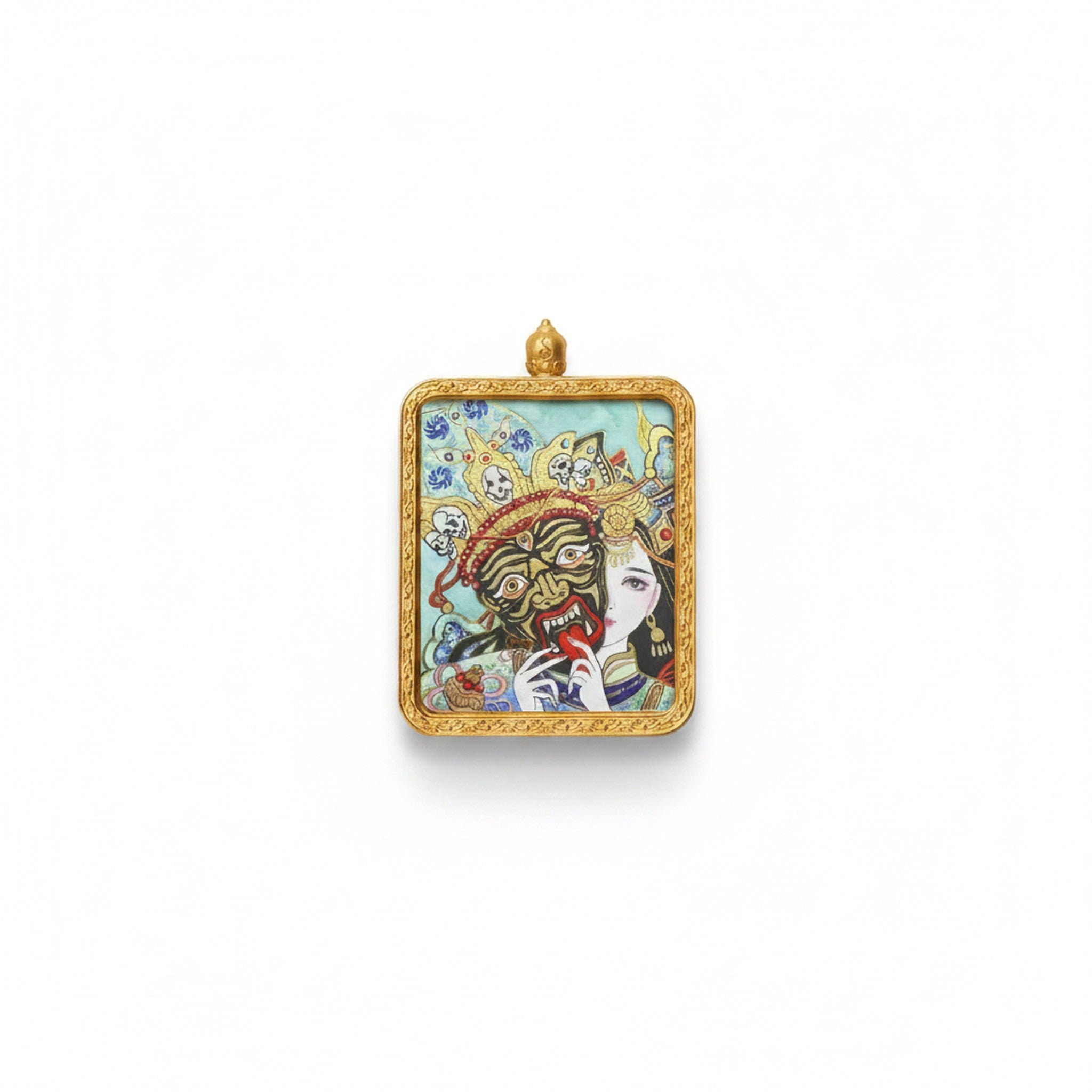 Hand-painted Tibetan miniature art pendant — Past & Future Lives (No. 07) — studio view