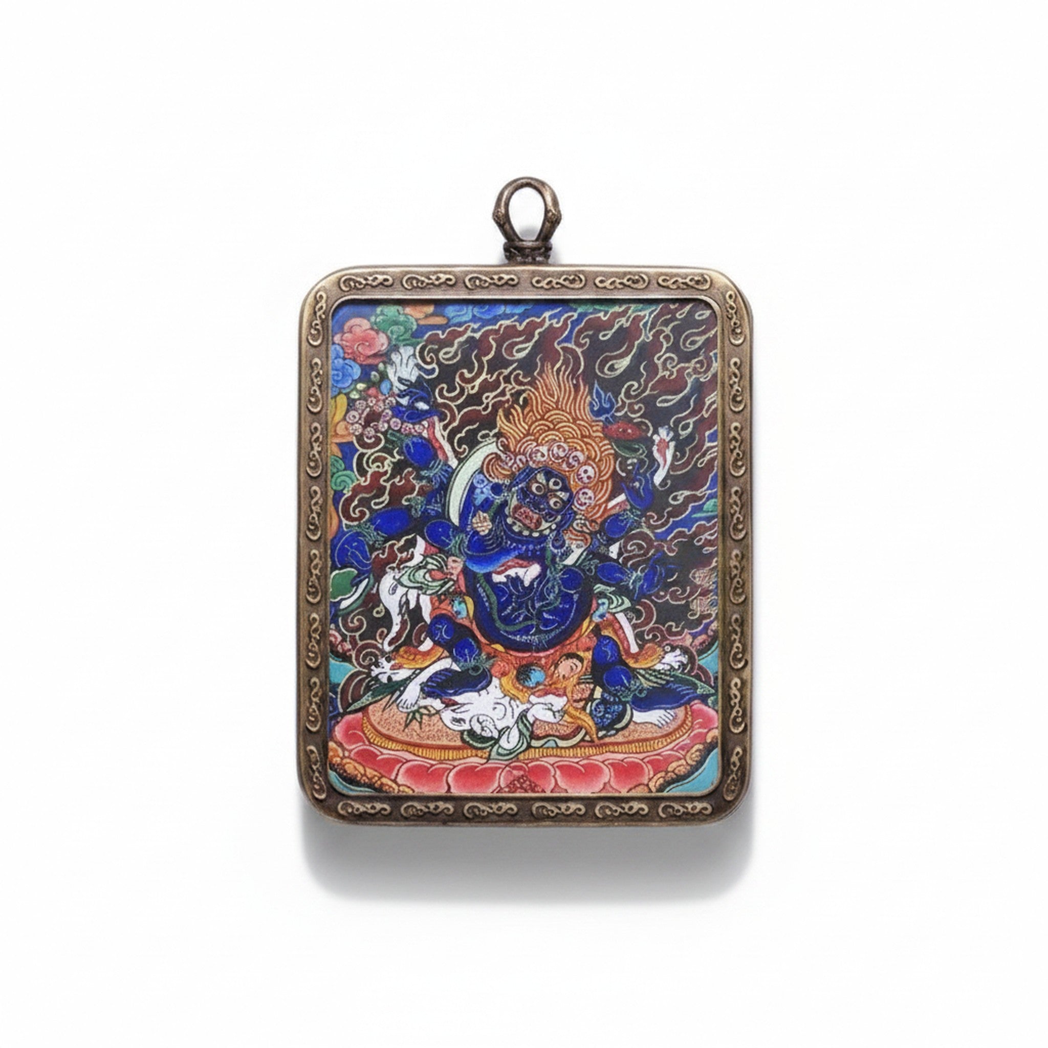 Hand-painted Tibetan miniature art pendant — Six-Armed Mahakala — studio view