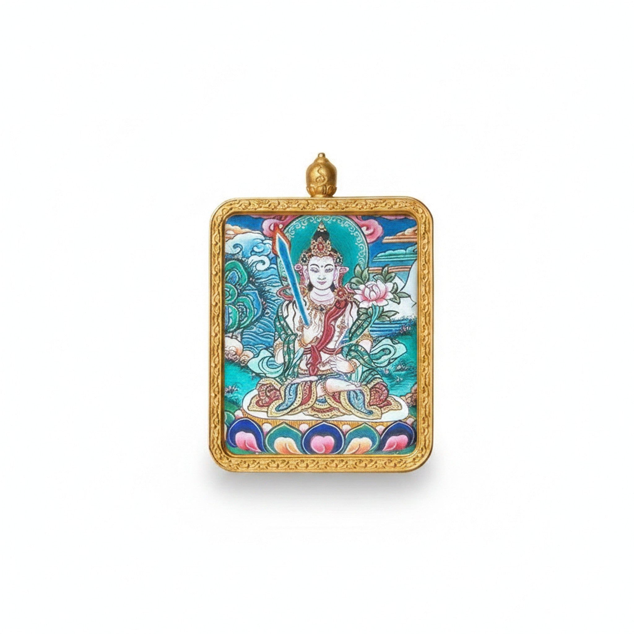 Hand-painted Tibetan miniature art pendant — Akasagarbha (No. 01) — studio view